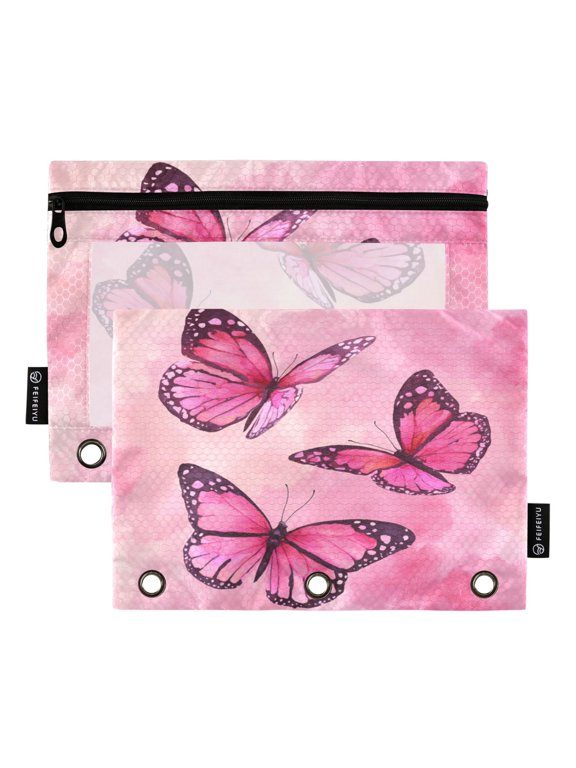 2 Pack 3 Ring Binder Pouch with Clear PVC Window Water Resistant Zipper Pencil Pouch Blush Monarch Butterflies Binder Pocket for Classroom Office Home Stationery Organization