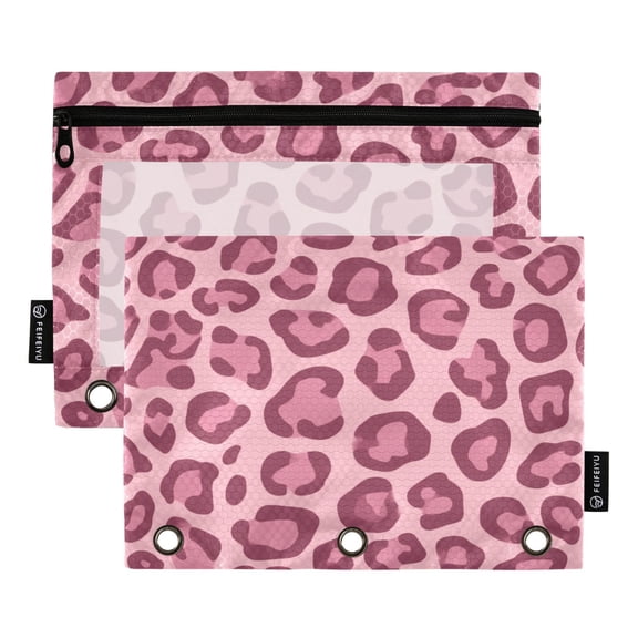 2 Pack 3 Ring Binder Pouch with Clear PVC Window Water Resistant Zipper Pencil Pouch Blush Pink Cheetah Print Pattern Binder Pocket for Classroom Office Home Stationery Organization