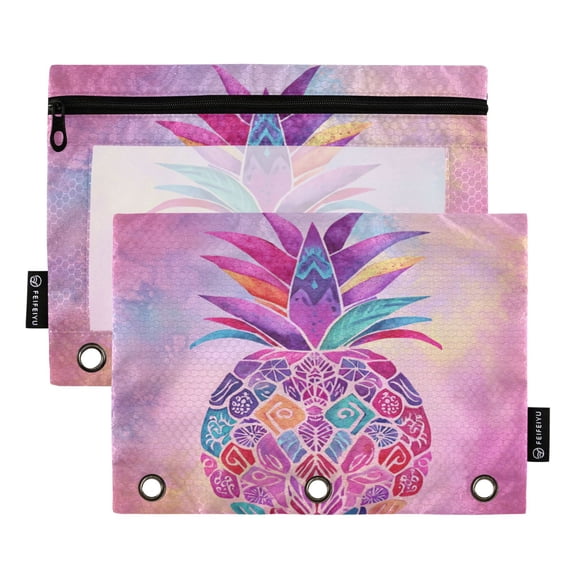 2 Pack 3 Ring Binder Pouch with Clear PVC Window Water Resistant Zipper Pencil Pouch Bohemian Pineapple Design Binder Pocket for Classroom Office Home Stationery Organization