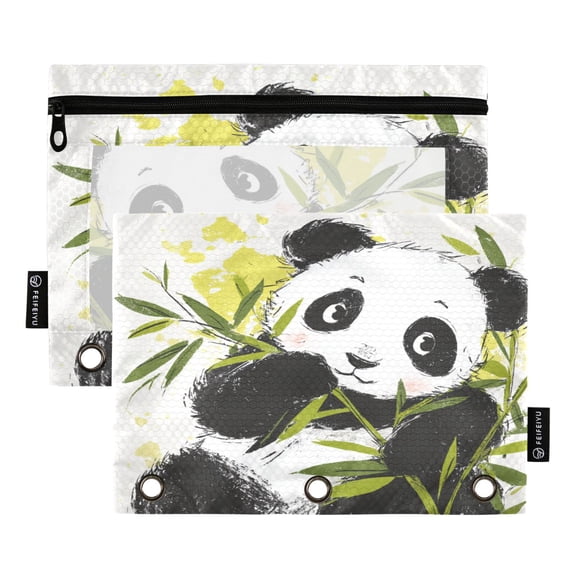 2 Pack 3 Ring Binder Pouch with Clear PVC Window Water Resistant Zipper Pencil Pouch Cheerful Bamboo Panda Binder Pocket for Classroom Office Home Stationery Organization