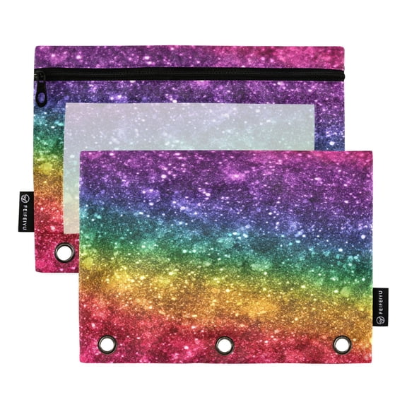 2 Pack 3 Ring Binder Pouch with Clear PVC Window Water Resistant Zipper Pencil Pouch Colorful Glitter Gradient Art Binder Pocket for Classroom Office Home Stationery Organization