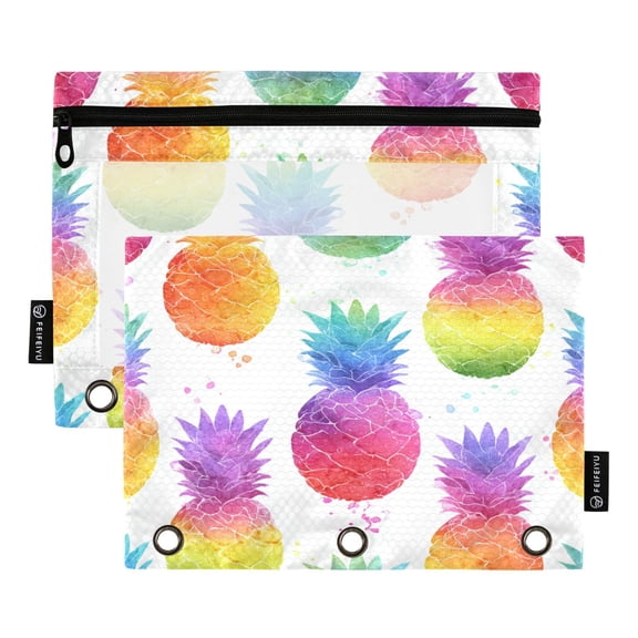 2 Pack 3 Ring Binder Pouch with Clear PVC Window Water Resistant Zipper Pencil Pouch Colorful Pineapple Pattern Binder Pocket for Classroom Office Home Stationery Organization