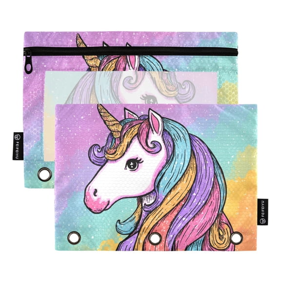 2 Pack 3 Ring Binder Pouch with Clear PVC Window Water Resistant Zipper Pencil Pouch Colorful Rainbow Hair Binder Pocket for Classroom Office Home Stationery Organization