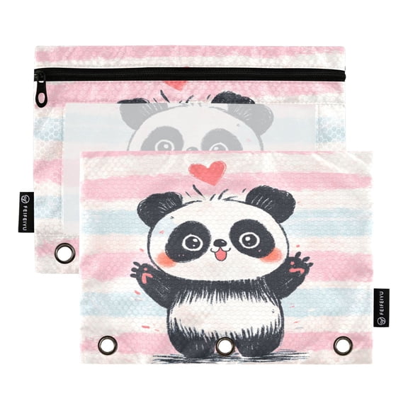 2 Pack 3 Ring Binder Pouch with Clear PVC Window Water Resistant Zipper Pencil Pouch Crayon Panda Illustration Binder Pocket for Classroom Office Home Stationery Organization