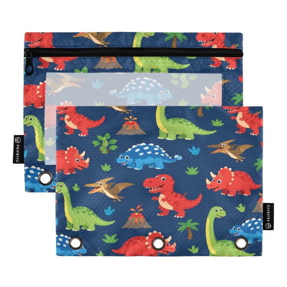 2 Pack 3 Ring Binder Pouch with Clear PVC Window Water Resistant Zipper Pencil Pouch Cute Dinosaur Volcano Pattern Binder Pocket for Classroom Office Home Stationery Organization
