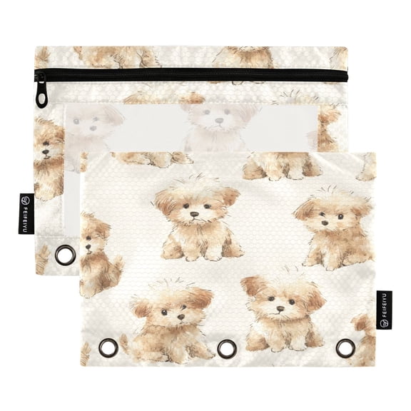 2 Pack 3 Ring Binder Pouch with Clear PVC Window Water Resistant Zipper Pencil Pouch Cute Maltese Puppy Repeat Print Binder Pocket for Classroom Office Home Stationery Organization