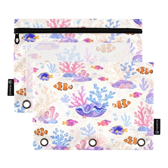 2 Pack 3 Ring Binder Pouch with Clear PVC Window Water Resistant Zipper Pencil Pouch Cute Ocean Fish and Corals Binder Pocket for Classroom Office Home Stationery Organization