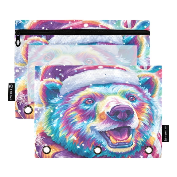2 Pack 3 Ring Binder Pouch with Clear PVC Window Water Resistant Zipper Pencil Pouch Cute Smiling Polar Bear Binder Pocket for Classroom Office Home Stationery Organization