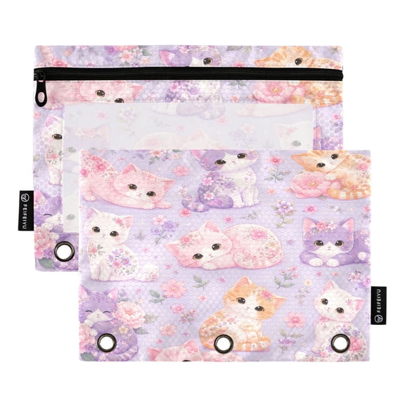 2 Pack 3 Ring Binder Pouch with Clear PVC Window Water Resistant Zipper Pencil Pouch Floral Kittens Pattern Graphic Binder Pocket for Classroom Office Home Stationery Organization