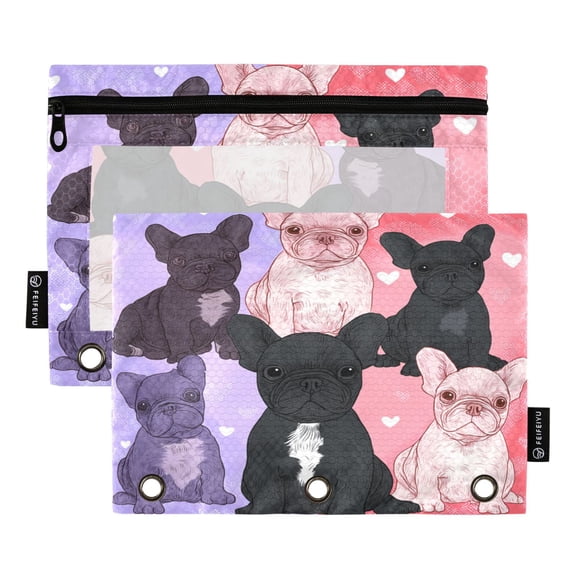 2 Pack 3 Ring Binder Pouch with Clear PVC Window Water Resistant Zipper Pencil Pouch Frenchie Squad Love Hearts Binder Pocket for Classroom Office Home Stationery Organization