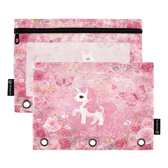 2 Pack 3 Ring Binder Pouch with Clear PVC Window Water Resistant Zipper Pencil Pouch Glitter Unicorn Rose Paradise Binder Pocket for Classroom Office Home Stationery Organization