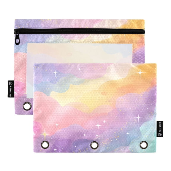2 Pack 3 Ring Binder Pouch with Clear PVC Window Water Resistant Zipper Pencil Pouch Golden Glitter Cloudscape Binder Pocket for Classroom Office Home Stationery Organization