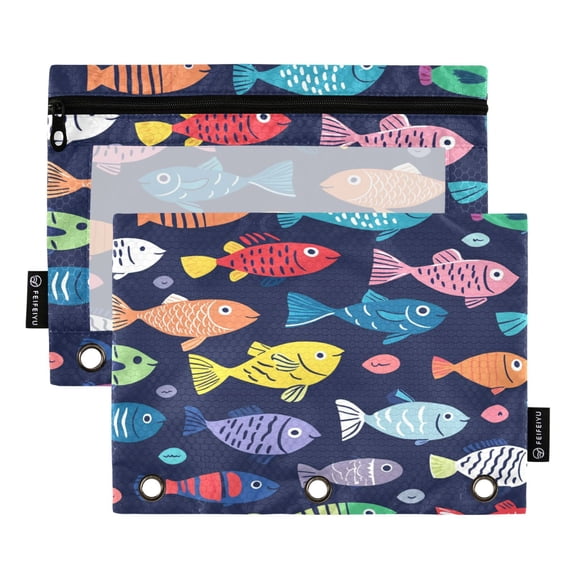 2 Pack 3 Ring Binder Pouch with Clear PVC Window Water Resistant Zipper Pencil Pouch Hand-drawn Fish Binder Pocket for Classroom Office Home Stationery Organization