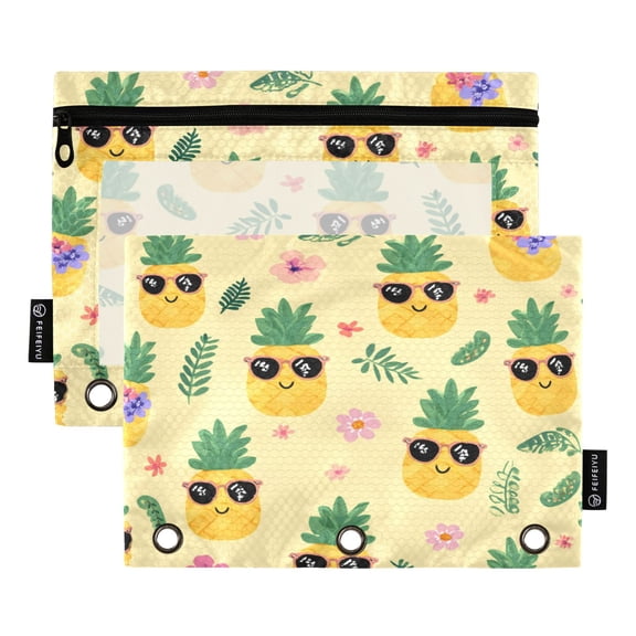 2 Pack 3 Ring Binder Pouch with Clear PVC Window Water Resistant Zipper Pencil Pouch Happy Pineapple Summer Binder Pocket for Classroom Office Home Stationery Organization