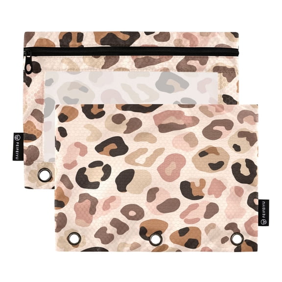 2 Pack 3 Ring Binder Pouch with Clear PVC Window Water Resistant Zipper Pencil Pouch Natural Tone Leopard Print Binder Pocket for Classroom Office Home Stationery Organization