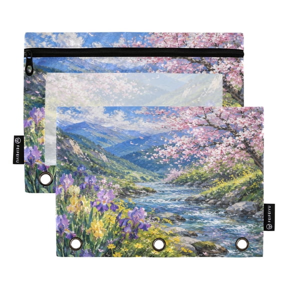 2 Pack 3 Ring Binder Pouch with Clear PVC Window Water Resistant Zipper Pencil Pouch Pink Cherry Blue River Binder Pocket for Classroom Office Home Stationery Organization