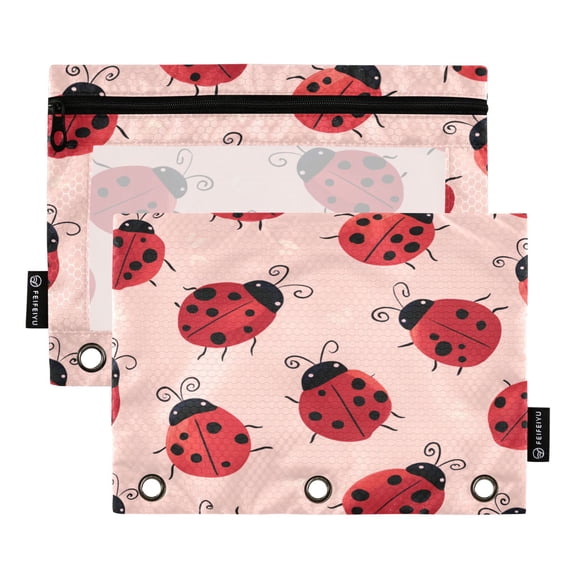 2 Pack 3 Ring Binder Pouch with Clear PVC Window Water Resistant Zipper Pencil Pouch Pink Ladybug Print Binder Pocket for Classroom Office Home Stationery Organization