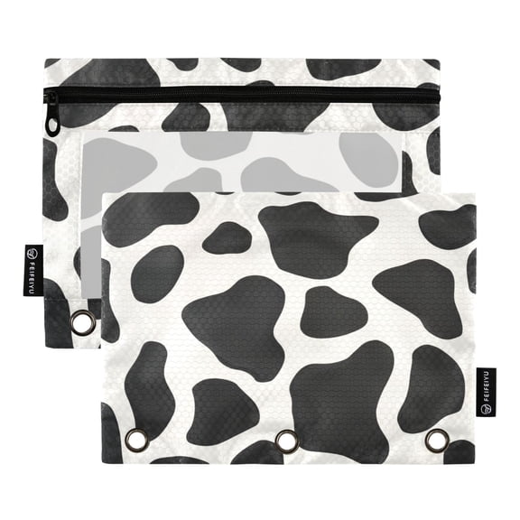 2 Pack 3 Ring Binder Pouch with Clear PVC Window Water Resistant Zipper Pencil Pouch Simple Classic Cow Print Binder Pocket for Classroom Office Home Stationery Organization