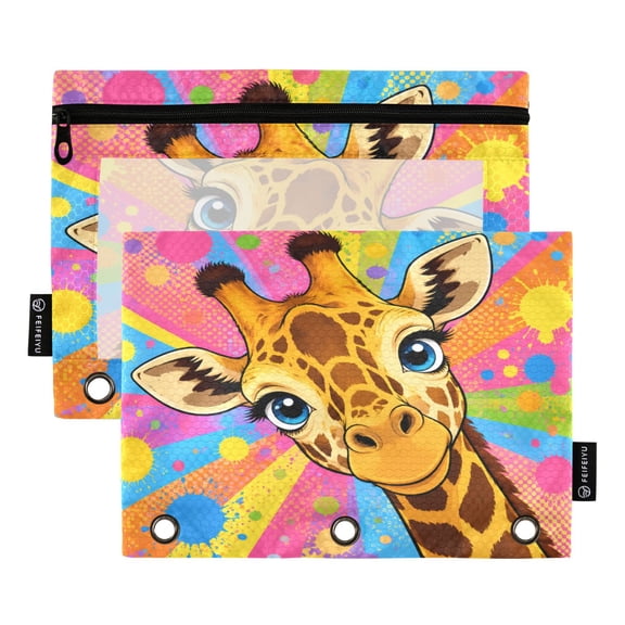 2 Pack 3 Ring Binder Pouch with Clear PVC Window Water Resistant Zipper Pencil Pouch Smiling Giraffe Pop Art Binder Pocket for Classroom Office Home Stationery Organization