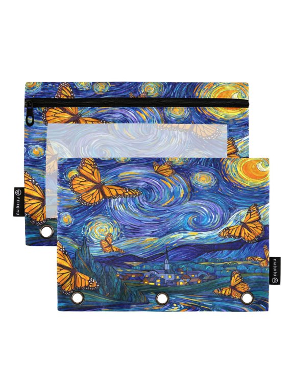 2 Pack 3 Ring Binder Pouch with Clear PVC Window Water Resistant Zipper Pencil Pouch Starry Monarch Butterflies Binder Pocket for Classroom Office Home Stationery Organization