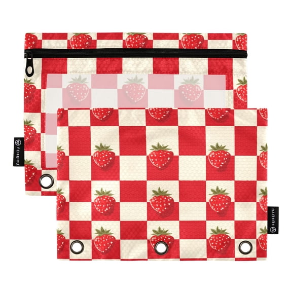 2 Pack 3 Ring Binder Pouch with Clear PVC Window Water Resistant Zipper Pencil Pouch Strawberries Checkered Tablecloth Binder Pocket for Classroom Office Home Stationery Organization
