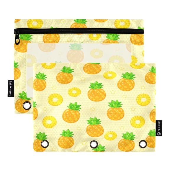 2 Pack 3 Ring Binder Pouch with Clear PVC Window Water Resistant Zipper Pencil Pouch Tropical Pineapple Star Print Binder Pocket for Classroom Office Home Stationery Organization
