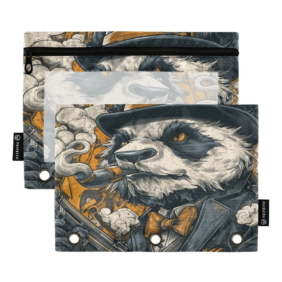 2 Pack 3 Ring Binder Pouch with Clear PVC Window Water Resistant Zipper Pencil Pouch Vintage Mobster Panda Binder Pocket for Classroom Office Home Stationery Organization