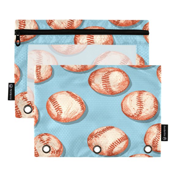 2 Pack 3-Ring Binder Pouches, Pencil Bag Page Turning Folder Retro Baseball Stitch