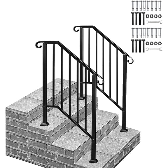 2 Pack 3 Step Handrails for Outdoor Steps, Fits 2 or 3 Steps Wrought Iron Stair Railing, Metal Hand Rail with Installation Kit, Staircase Handrails for Concrete, Porch, Deck, Exterior Steps, Black