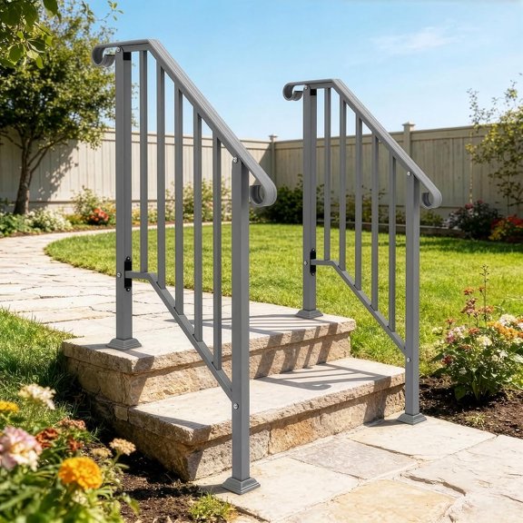 2 Pack 3 Step Handrails for Outdoor Steps, Galvanized Steel Stair Railing Fits 2 or 3 Steps, Metal Hand Railing Installation Kit, Staircase Handrails for Concrete, Porch, Deck, Exterior Steps, Gray