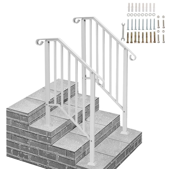 2 Pack 3 Step Handrails for Outdoor Steps, Wrought Iron Stair Railing Fits 2 or 3 Steps, Metal Hand Rail with Installation Kit, Staircase Handrails for Concrete, Porch, Deck, Exterior Steps, White