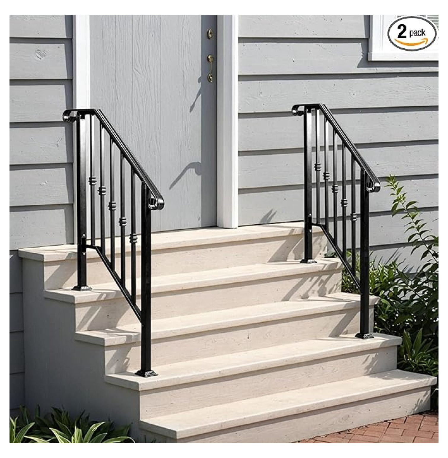 2 Pack 3 Step Handrails for Outdoor Steps, Wrought Iron Stair Railing ...