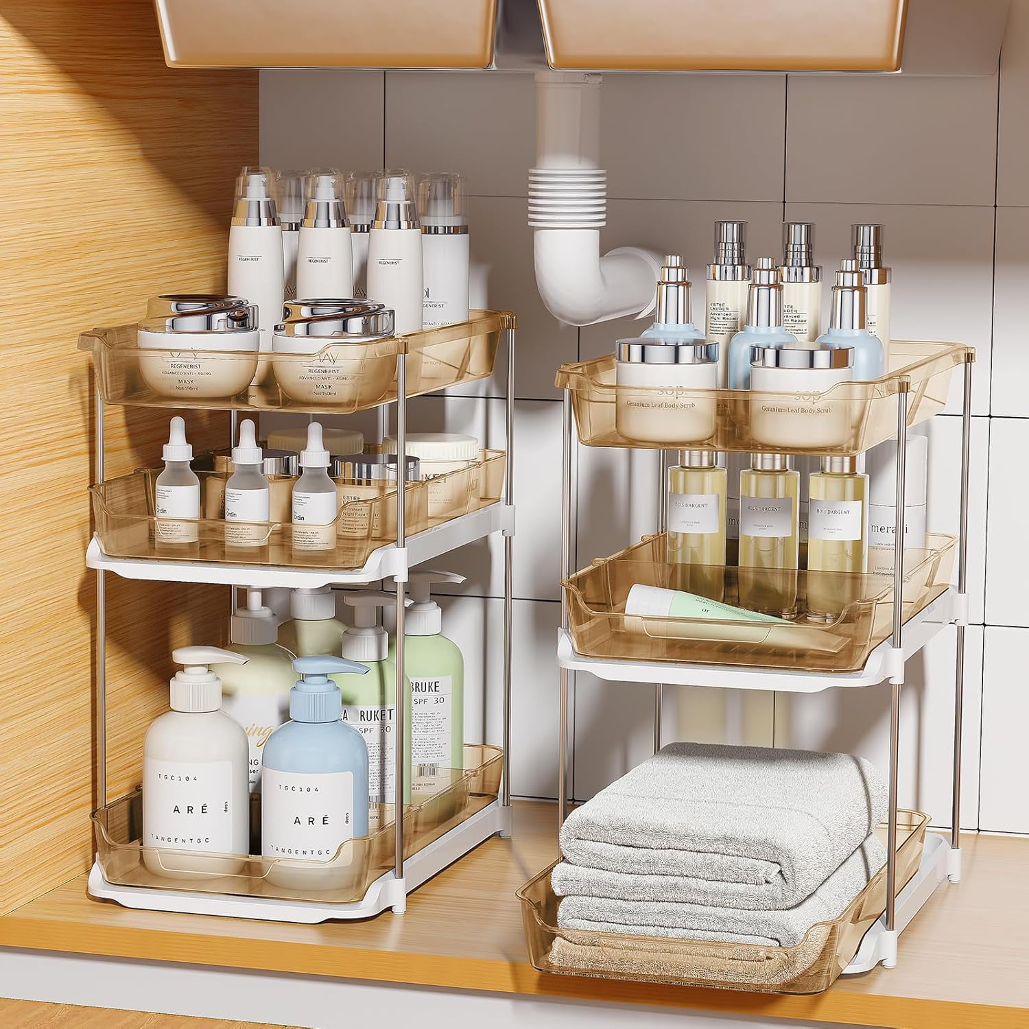2 Pack 3-Tier Bathroom Under Sink Organizers and Storage, Multi-Purpose Stackable Pantry Organization and Storage, Pull Out Clear Kitchen Bathroom Cabinet Organizer with Movable Dividers, Amber