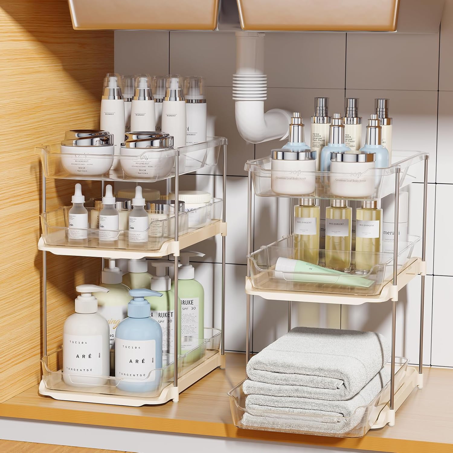 2 Pack 3-Tier Bathroom Under Sink Organizers and Storage, Multi-Purpose Stackable Pantry Organization and Storage, Pull Out Clear Kitchen Bathroom Cabinet Organizer with Movable Dividers, Beige