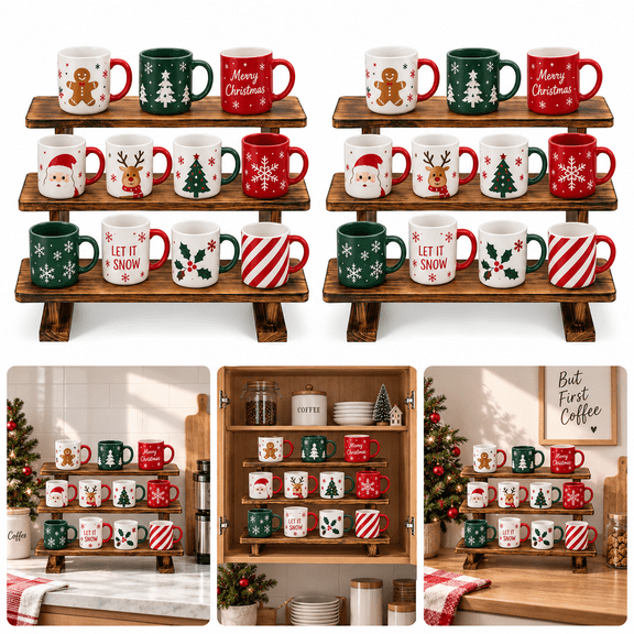 2 Pack 3 Tier Coffee Mug Display Shelf, Wooden Coffee Mug Holder Organizer for Countertop, Mug Storage Shelf for Coffee Station, Kitchen Cabinet, Pantry & Counter Display Rack