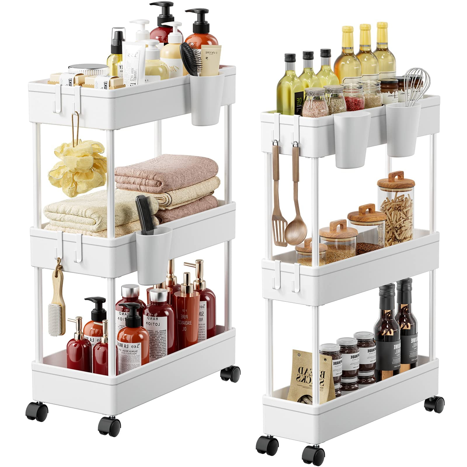 2 Pack 3 Tier Removable Slim Storage Rolling Cart Bathroom Organizer