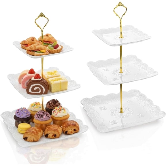 2 Pack 3-Tier White Ceramic Embossed Dessert Cake Tower Stand with Carry Handle, Cupcake Stand Serving Trays, Porcelain Party Server Display Holder