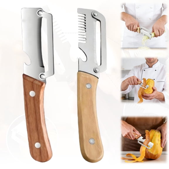 2-Pack 3-in-1 Fruit & Vegetable Peeler Set, Wooden Handle with Stainless Steel Blade & Bottle Opener, Ultra-Sharp Kitchen Gadget