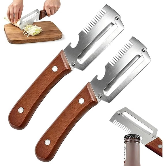 2 Pack 3-in-1 Multifunctional Vegetable Peeler with Wooden Handle - Potato Peeler with Julienne Slicer & Bottle Opener, Stainless Steel Blade, Right Handed Kitchen Tool