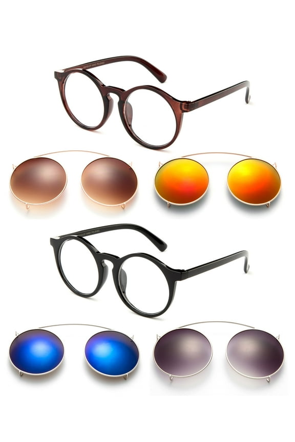 2 Pack 3 in 1 Package Classic Round Clear Lens Frame with Two Clip Ons Flash Interchangable Sunglasses Lenses for Men & for Women