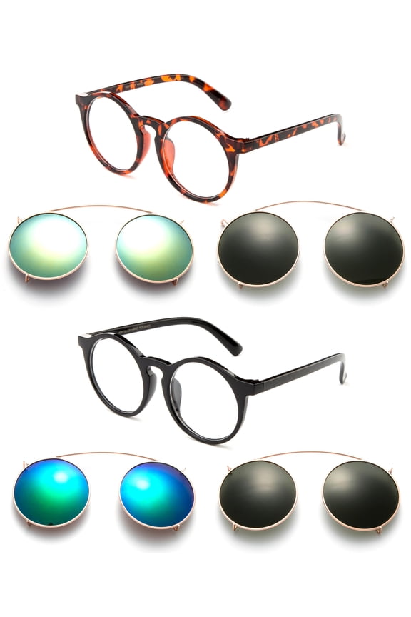 2 Pack 3 in 1 Package Classic Round Clear Lens Frame with Two Clip Ons Flash Interchangable Sunglasses Lenses for Men & for Women
