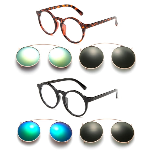 2 Pack 3 in 1 Package Classic Round Clear Lens Frame with Two Clip Ons Flash Interchangable Sunglasses Lenses for Men & for Women