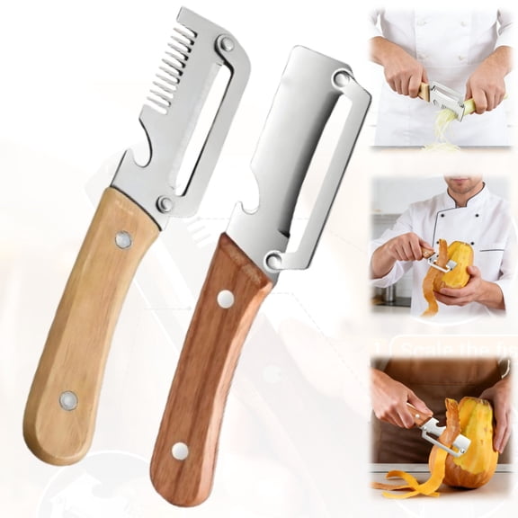 2-Pack 3-in-1 Peeler Set with Bottle Opener, Wooden Handle with Ultra-Sharp Stainless Steel Blade, Versatile Kitchen Prep Tool