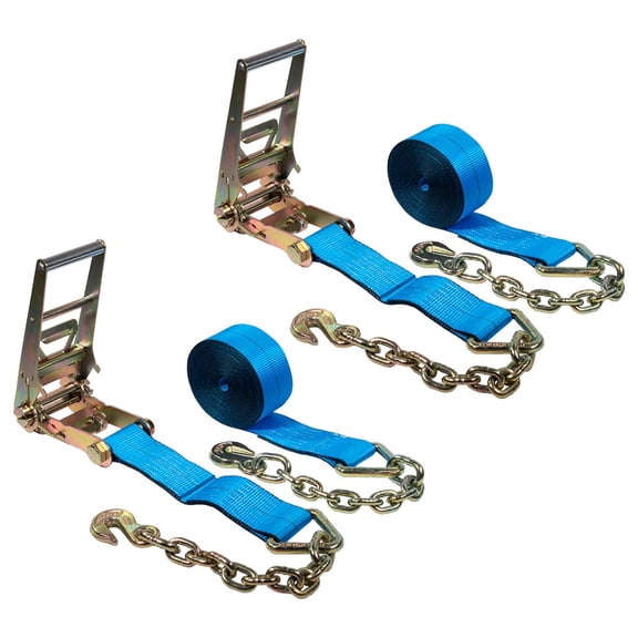 2 Pack 3" x 30' Ratchet Strap with Chain Anchor - 5000 Lbs WLL Heavy Duty Tie Down Cargo Truck Straps with Chains Ends & Grab Hooks for Flatbed, Truck, Trailers, Pickup - Blue