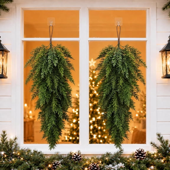 2 Pack 30" Christmas Teardrop Swag,30 Inch Real-Touch Cedar Teardrop Swag, Artificial Evergreen Holiday Wall Hanging Decor with PE Branches for Front Door, Porch, Mantel, Wall