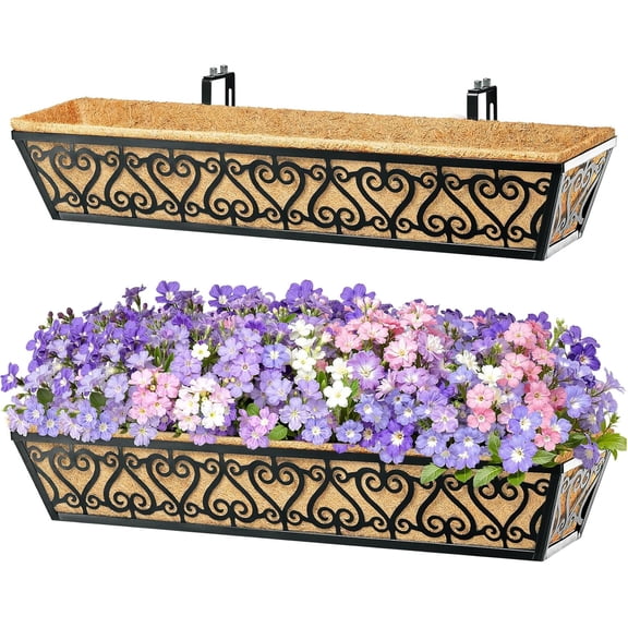 2 Pack 30 Inch Deck Railing Planter Box - Window Boxes Planters with Adjustable Brackets Coco Liners Balcony Planters Railing Hanging for Window Flower Boxes Outdoor Garden Decor