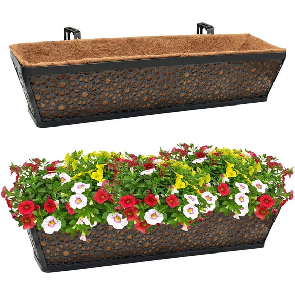 2 Pack 30 Inch Window Box with Coco Liner Sturdy Metal Deck Railing Planter with Coconut Coir Basket Liners for Windowsill Fence Porch Balcony and Patio Outdoor Indoor Lawn
