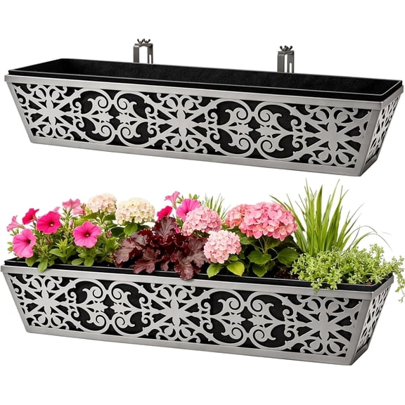 2 Pack 30 Inch Window Boxes Planter for Outdoor Plants Deck Railing Planters Box with Adjustable Brackets for Porch Fence Balcony Hanging Flower Baskets with Non-Woven Fabric Liner for Garden Décor