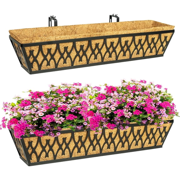 2 Pack 30 Inch Window Boxes Planters Railing Planter Box with Adjustable Brackets for Porch Fence Patio Balcony Hanging Flower Baskets with Coco Liners for Outdoor Garden Decor - Black