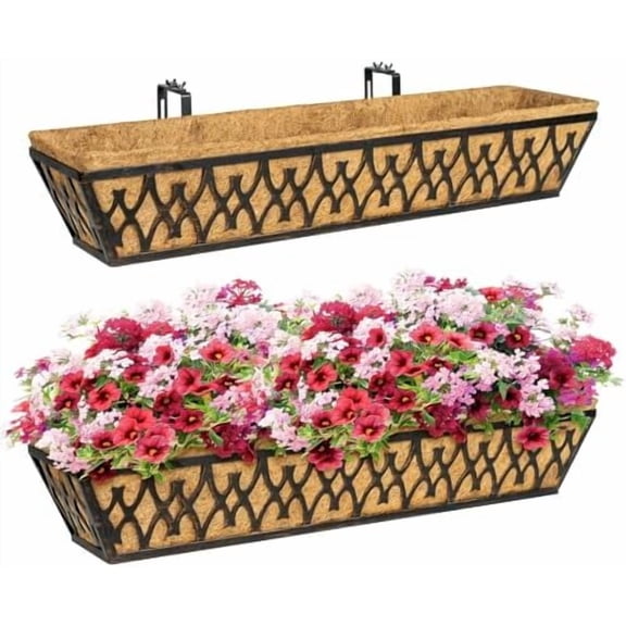 2 Pack 30 Inch Window Boxes Planters Railing Planter Box with Adjustable Brackets for Porch Fence Patio Balcony Hanging Flower Baskets with Coco Liners for Outdoor Garden Décor - Bronze